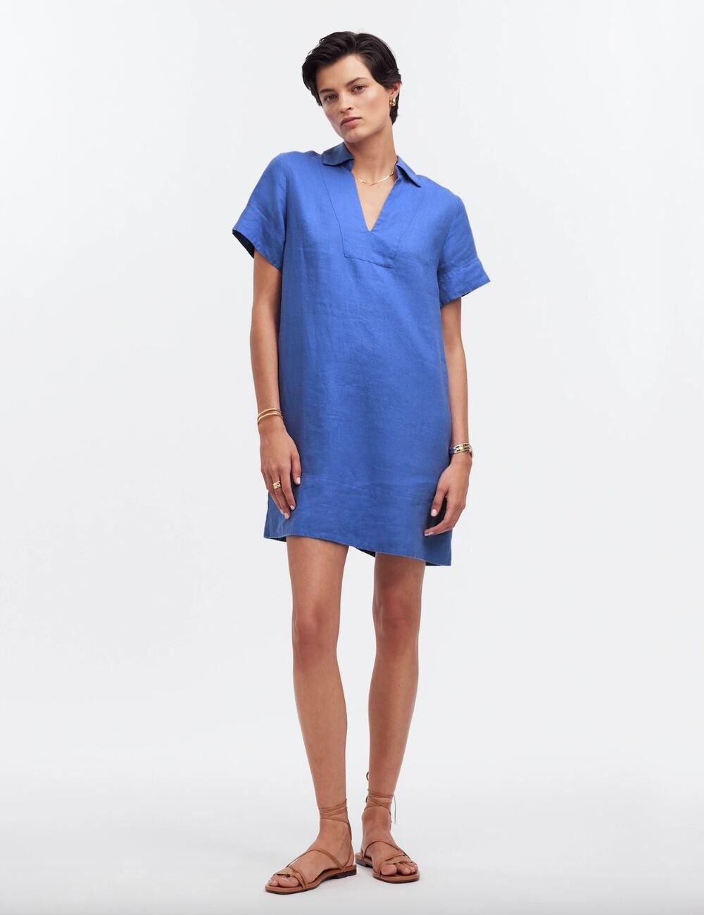 Madewell V Neck Mini Dress Linen Blue Pockets Easy Shift Relaxed Coastal XS NWT